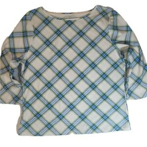 Talbots Shirt Womens‎ Extra Large Petite Blue Plaid Boat Neck 3/4 Sleeve Stretch